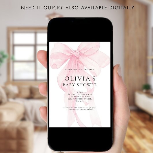 Soft Pink Bow Text Overlay Baby Shower 招待状