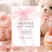 Soft Pink Bow Text Overlay Baby Shower 招待状