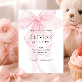 Soft Pink Bow Text Overlay Baby Shower 招待状
