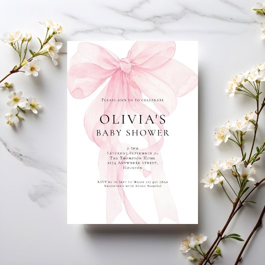 Soft Pink Bow Text Overlay Baby Shower 招待状
