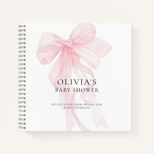 Soft Pink Bow Text Overlay Baby Shower Guest Book ノートブック (正面)