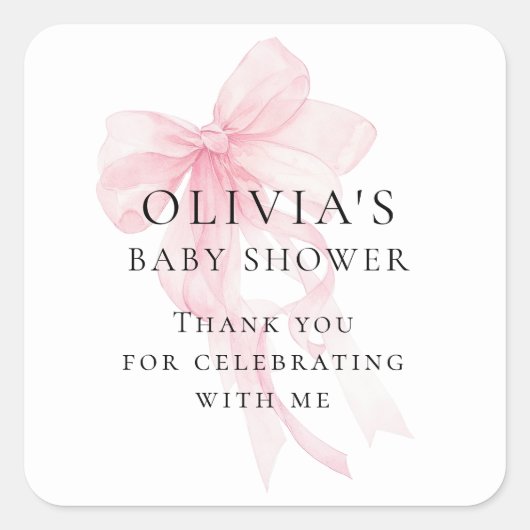 Soft Pink Bow Text Thank You Baby Shower スクエアシール (正面)