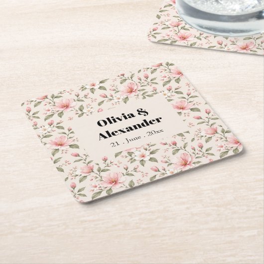 Soft Pink Cherry Blossom Floral Seamless Pattern スクエアペーパーコースター (アングル)