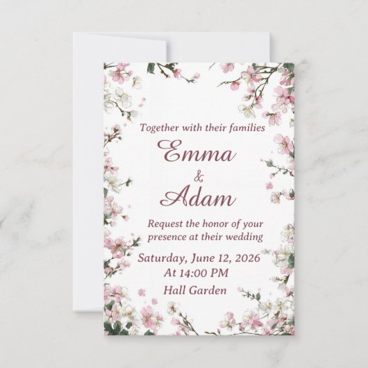 Soft Pink Cherry Blossom Floral Wedding Invitation (正面)