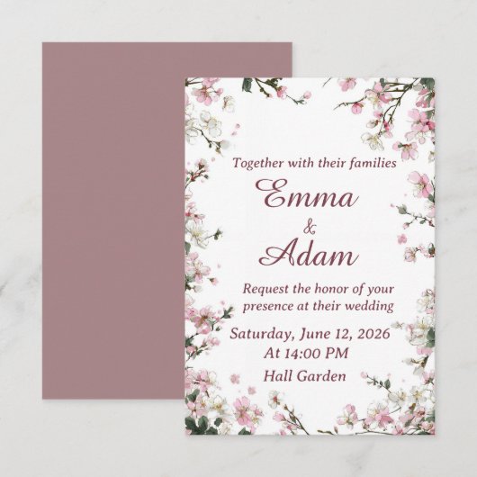 Soft Pink Cherry Blossom Floral Wedding Invitation (正面/裏面)