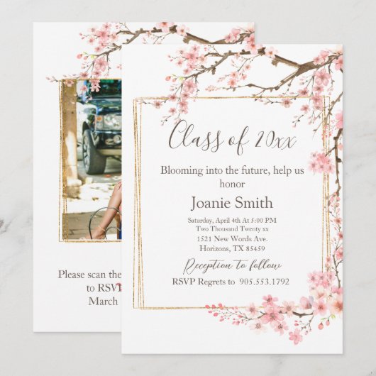 Soft Pink Cherry Blossom Graduation 招待状 (正面/裏面)