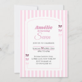 Soft Pink Coquette Bow Girl Seventh Birthday Party 招待状