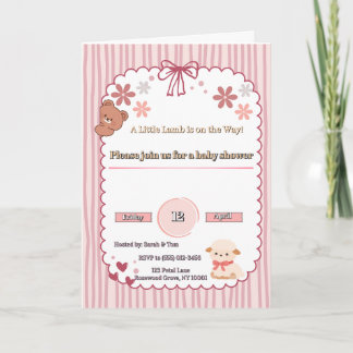 Soft Pink Coquette Lamb & Bear Baby Shower Invite カード
