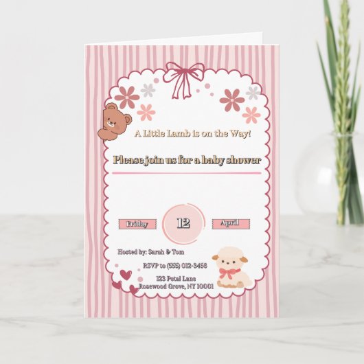 Soft Pink Coquette Lamb & Bear Baby Shower Invite カード (正面)