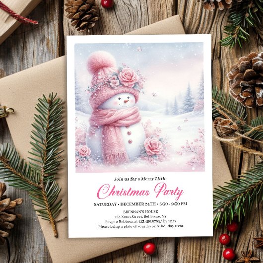 Soft Pink Coquette Snowman Editable Christmas Kids 招待状