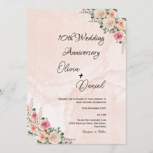 Soft Pink Cream Floral Wedding Anniversary  招待状 (正面/裏面)