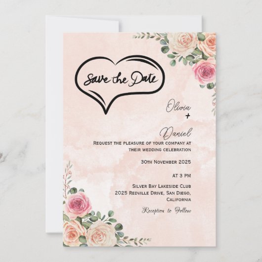 Soft Pink Cream Floral Wedding Save the Date  招待状 (正面)