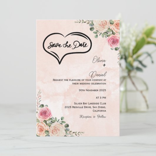 Soft Pink Cream Floral Wedding Save the Date  招待状 (スタンド正面)