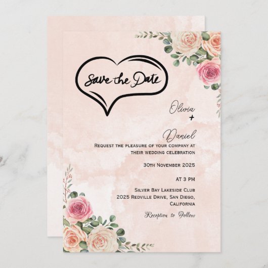 Soft Pink Cream Floral Wedding Save the Date  招待状 (正面/裏面)
