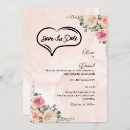 Soft Pink Cream Floral Wedding Save the Date 招待状