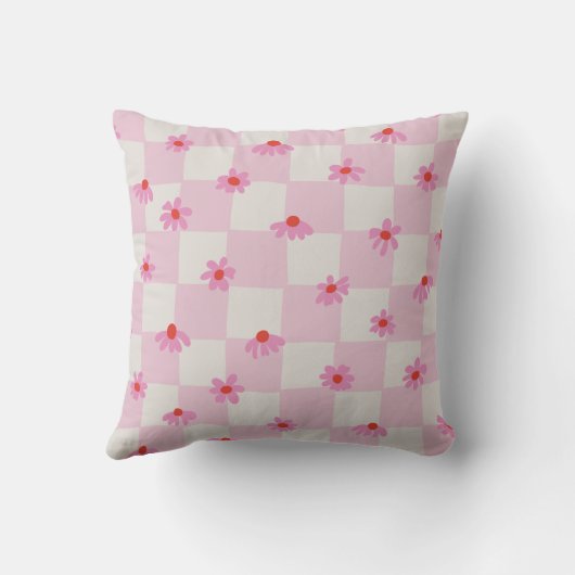 Soft Pink Daisy Checkerboard Floral Pattern クッション (裏面)