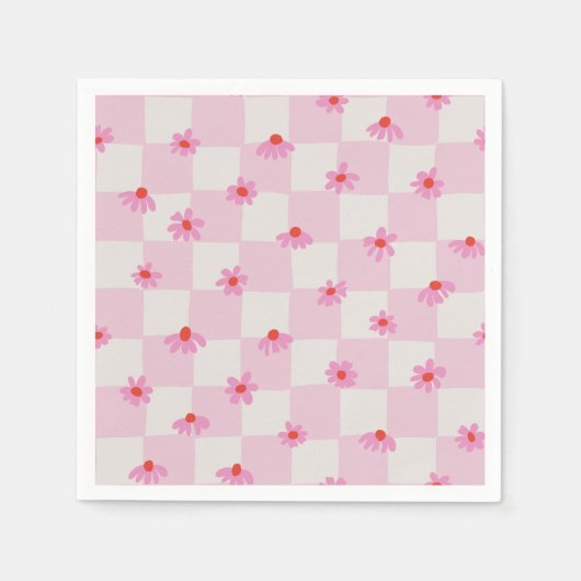 Soft Pink Daisy Checkerboard Floral Pattern スタンダードカクテルナプキン (正面)