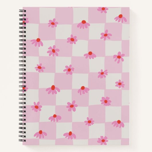 Soft Pink Daisy Checkerboard Floral Pattern ノートブック (正面)