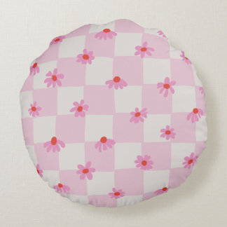 Soft Pink Daisy Checkerboard Floral Pattern ラウンドクッション