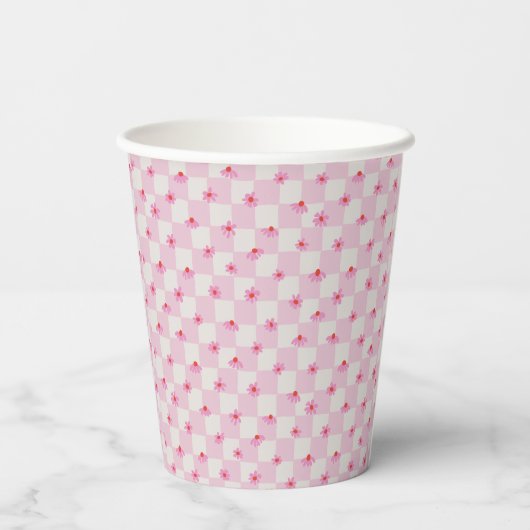 Soft Pink Daisy Checkerboard Floral Pattern 紙コップ (裏面)