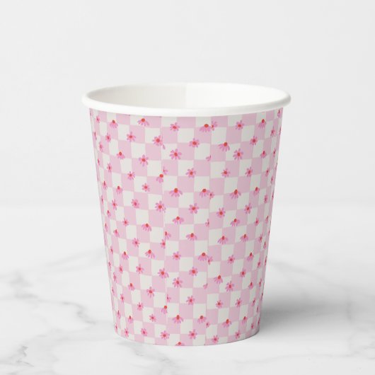 Soft Pink Daisy Checkerboard Floral Pattern 紙コップ (左)