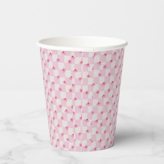 Soft Pink Daisy Checkerboard Floral Pattern 紙コップ (右)