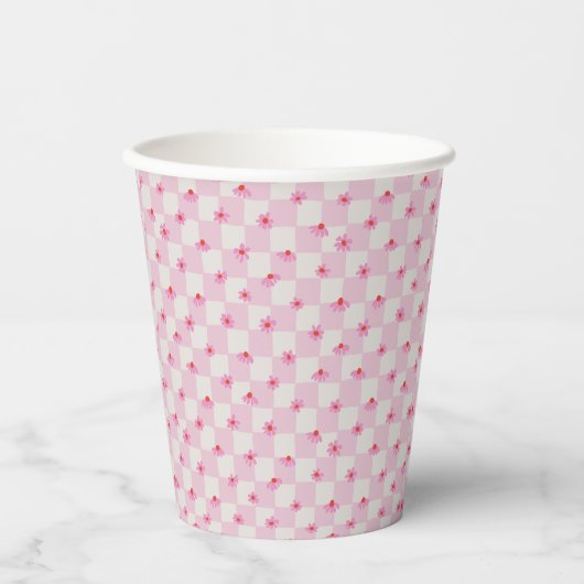 Soft Pink Daisy Checkerboard Floral Pattern 紙コップ (正面)