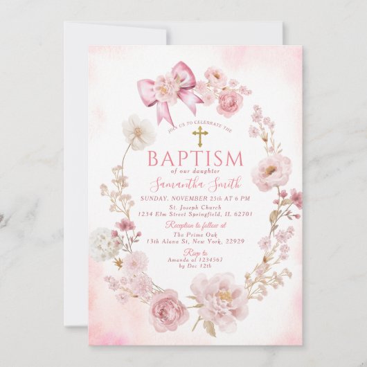 Soft Pink Dusty Rose Floral Cross Girl Baptism 招待状 (正面)
