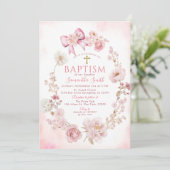 Soft Pink Dusty Rose Floral Cross Girl Baptism 招待状 (スタンド正面)