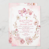 Soft Pink Dusty Rose Floral Cross Girl Baptism 招待状 (正面/裏面)