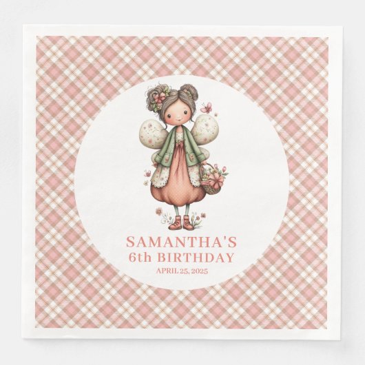 Soft Pink Fairy Floral 4th Birthday Party Napkins (正面)
