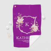 Soft Pink Feminine Botanical Crest Purple Monogram ゴルフタオル (インサイチュ)