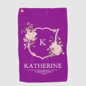 Soft Pink Feminine Botanical Crest Purple Monogram ゴルフタオル (正面)