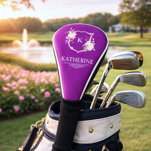 Soft Pink Feminine Botanical Crest Purple Monogram ゴルフヘッドカバー