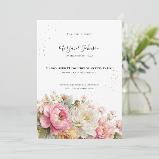 Soft Pink Floral 60th Birthday 招待状 (スタンド正面)