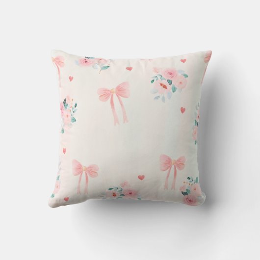 Soft Pink Floral & Bow Pattern – Cute Romantic  クッション (裏面)
