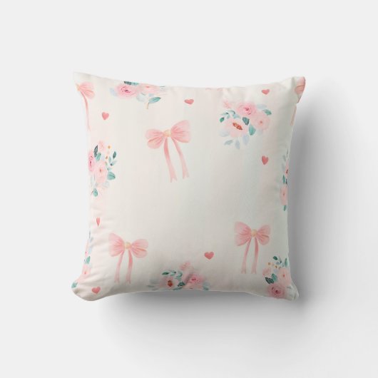 Soft Pink Floral & Bow Pattern – Cute Romantic  クッション (正面)
