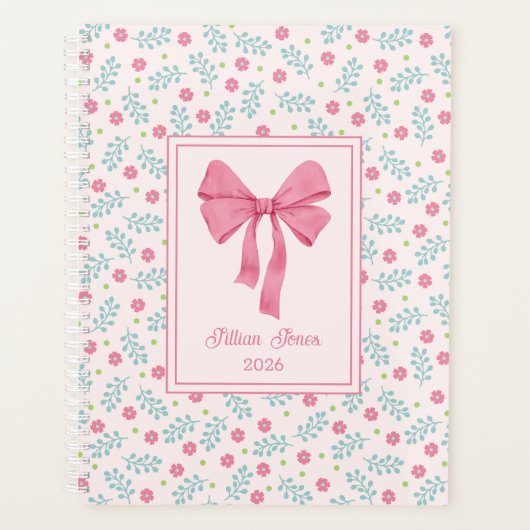 Soft Pink Floral Framed Pink Bow Custom Name プランナー手帳 (正面)