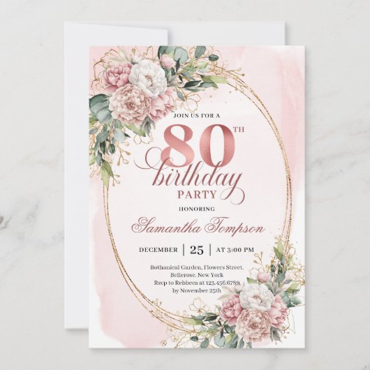 Soft Pink Floral Greenery Gold Glitter 80th Bday 招待状 (正面)