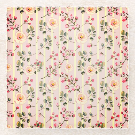 Soft Pink Floral Stripe Pattern ガラスコースター (正面)