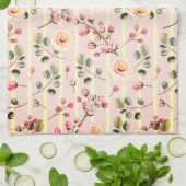 Soft Pink Floral Stripe Pattern キッチンタオル (折り畳み)