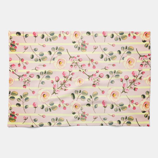Soft Pink Floral Stripe Pattern キッチンタオル (横)