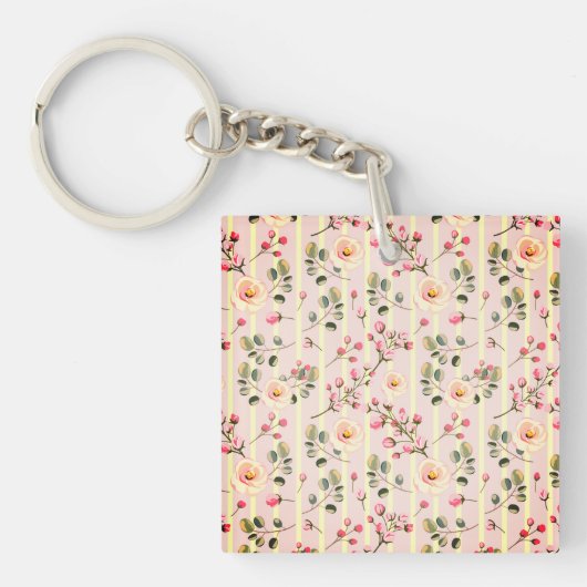 Soft Pink Floral Stripe Pattern キーホルダー (正面)
