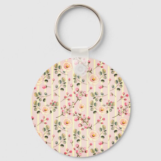 Soft Pink Floral Stripe Pattern キーホルダー (正面)