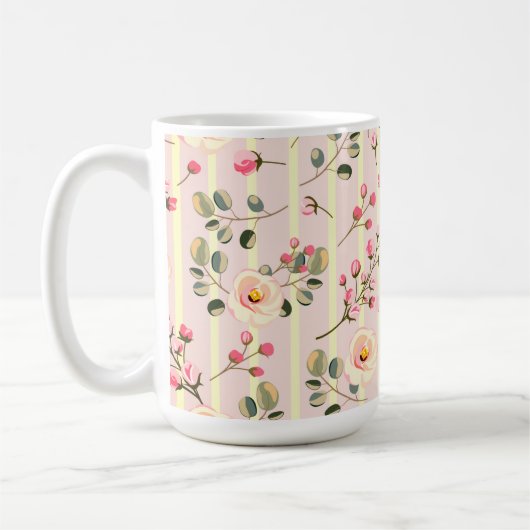 Soft Pink Floral Stripe Pattern コーヒーマグカップ (左)
