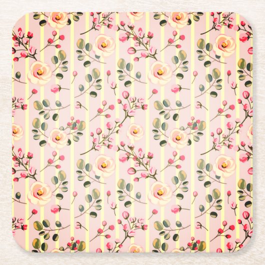 Soft Pink Floral Stripe Pattern スクエアペーパーコースター (正面)
