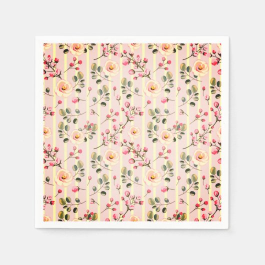 Soft Pink Floral Stripe Pattern スタンダードカクテルナプキン (正面)
