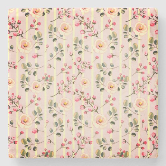 Soft Pink Floral Stripe Pattern ストーンコースター (正面)