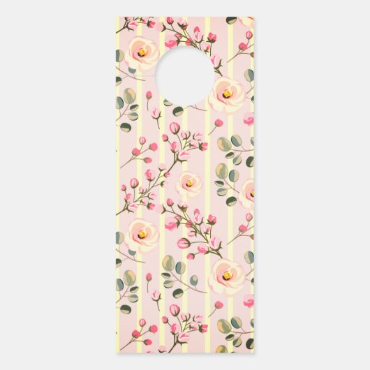 Soft Pink Floral Stripe Pattern ドアノブサイン (正面)