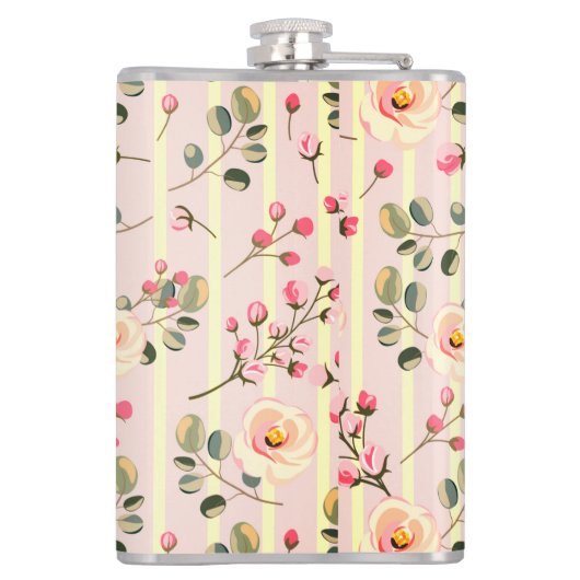 Soft Pink Floral Stripe Pattern フラスク (裏面)